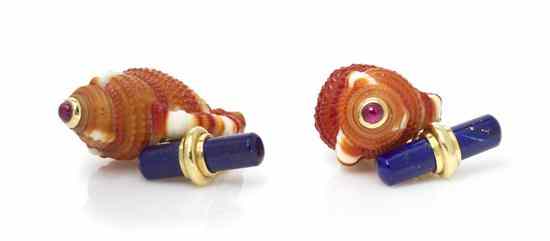 Appraisal: A Pair of Karat Yellow Gold Shell Ruby and Lapis