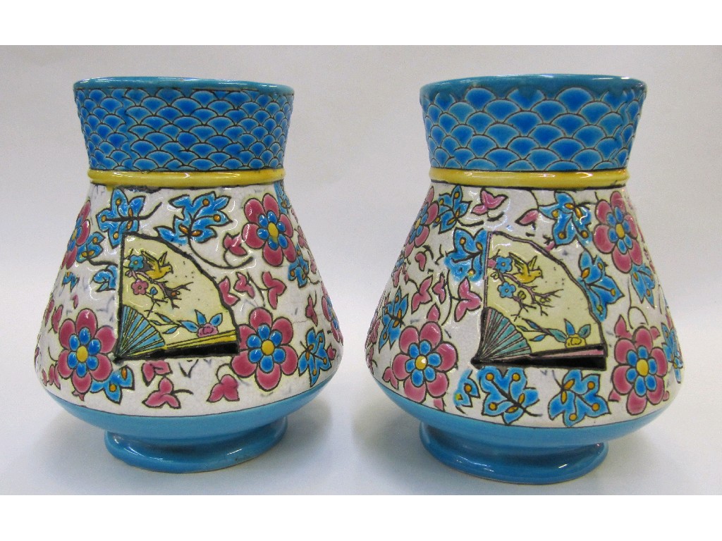 Appraisal: Pair of Boch Freres style vases decorated with fans and