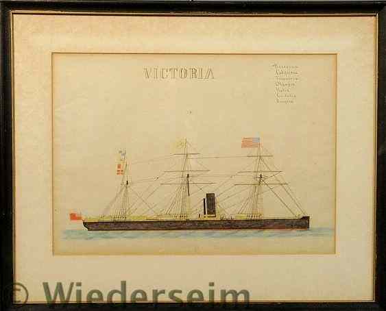 Appraisal: Finely detailed watercolor crayon painting of the British steamship Victoria