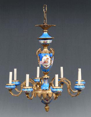 Appraisal: S egrave vres style eight light chandelier urn form porcelain