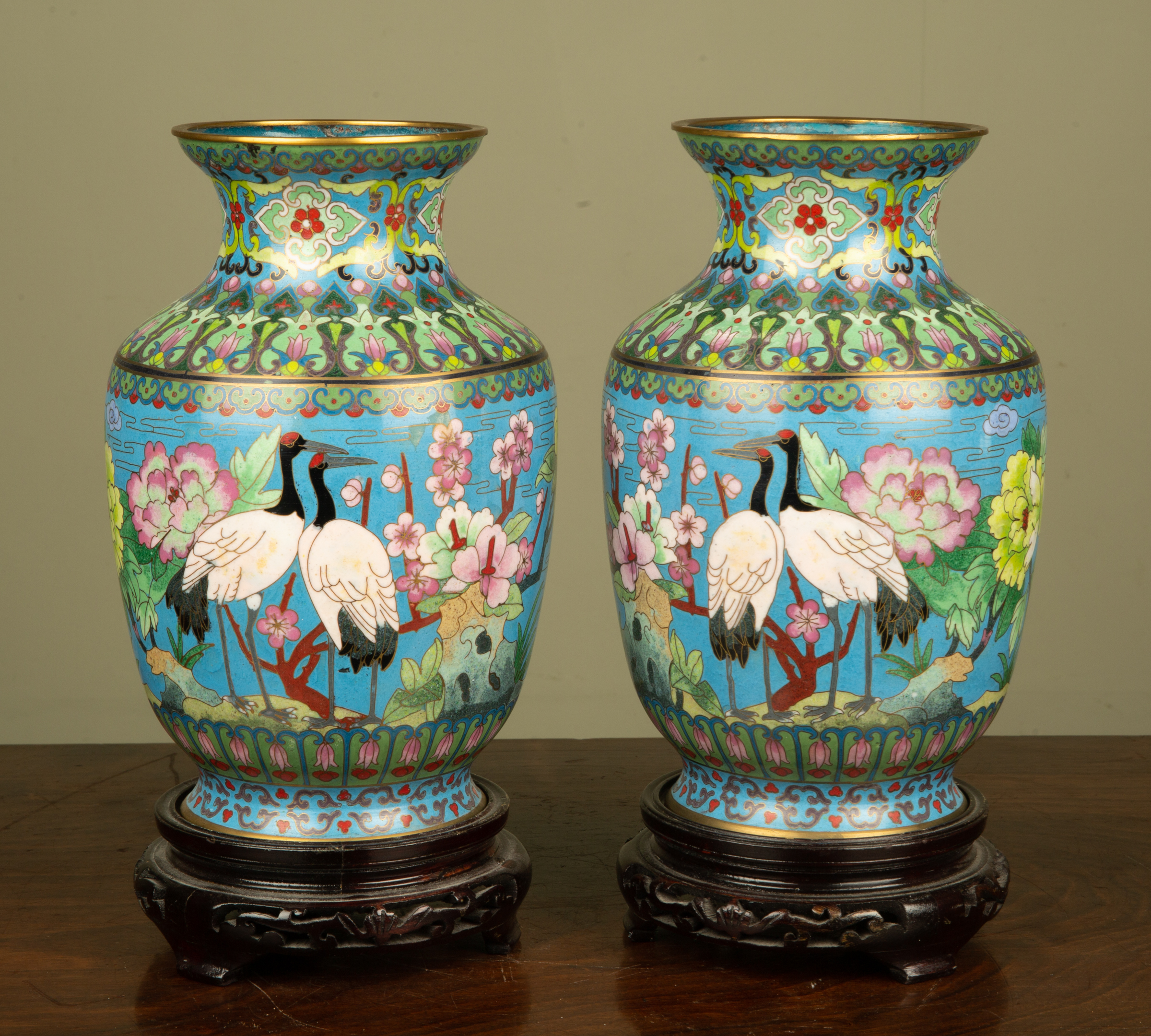 Appraisal: A pair of modern Japanese cloisonn vases of blue ground