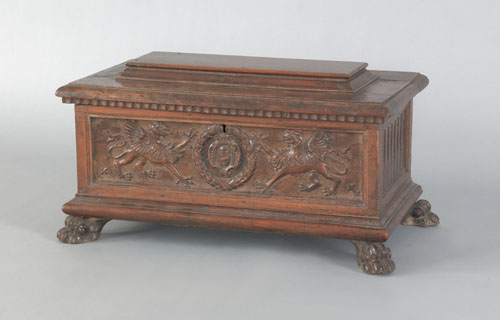 Appraisal: Continental walnut coffer early th c with carved griffins flanking