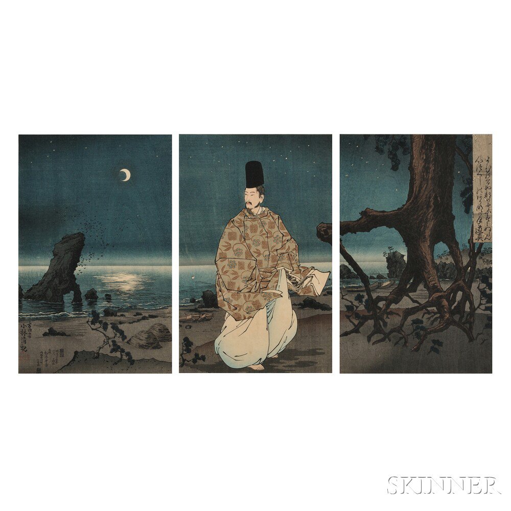 Appraisal: Kobayashi Kiyochika - Sugawara no Michizane Japan color woodblock triptych