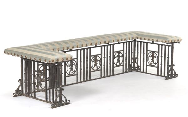 Appraisal: UPHOLSTERED IRON FIREPLACE BENCH H x W x D Wrought