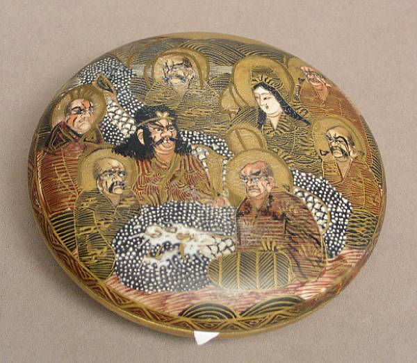 Appraisal: A Satsuma style circular covered box Decorated in enamel and