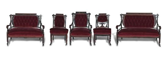 Appraisal: FIVE PIECE VICTORIAN PARLOR SET Walnut Eastlake style set with