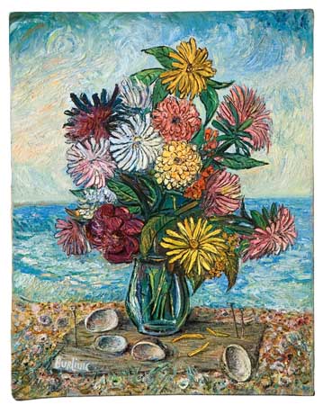 Appraisal: DAVID BURLIUK Seashore Still Life with Flowers and Shells Oil