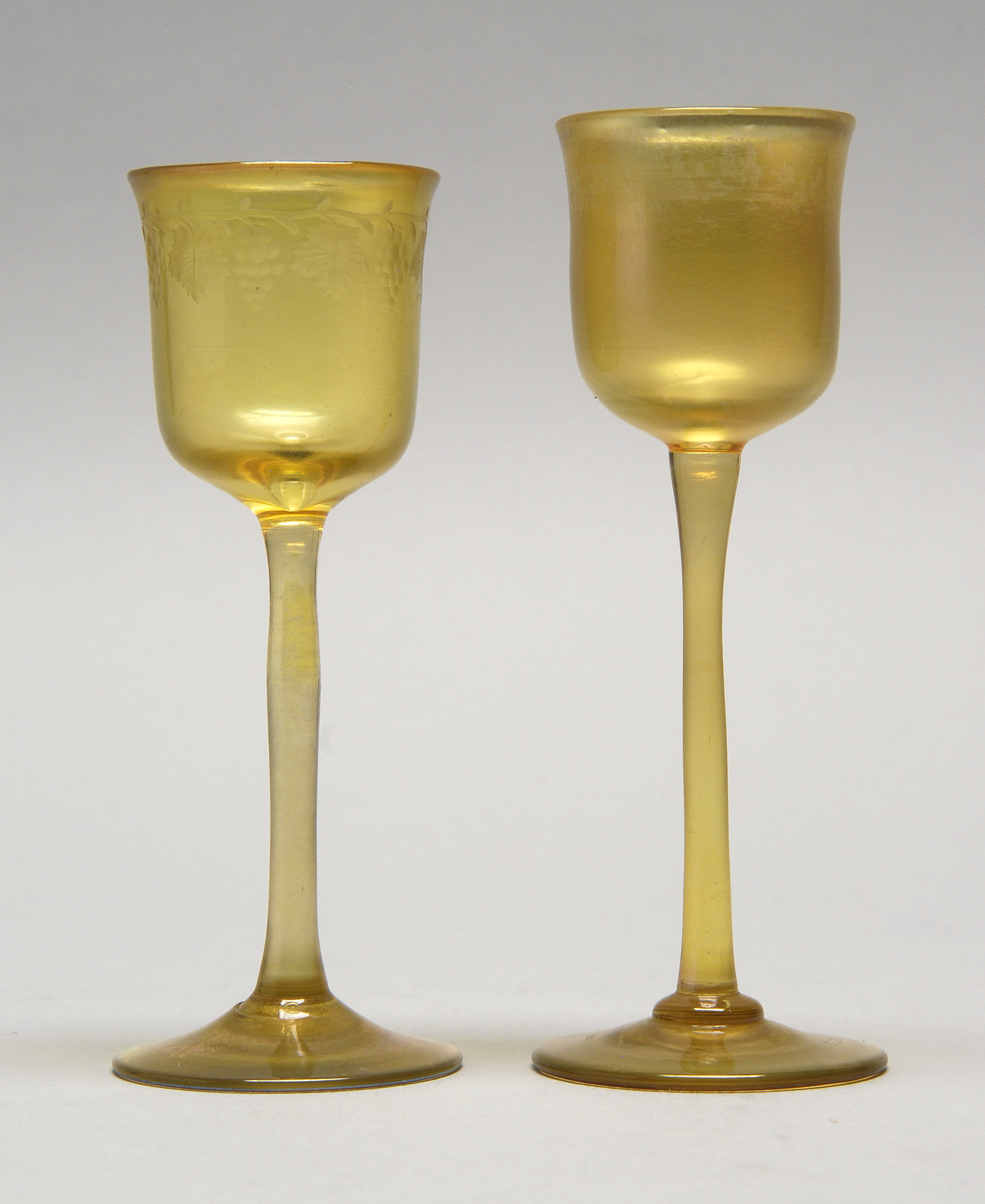 Appraisal: TWO TIFFANY ART GLASS CORDIALS In iridescent gold One with