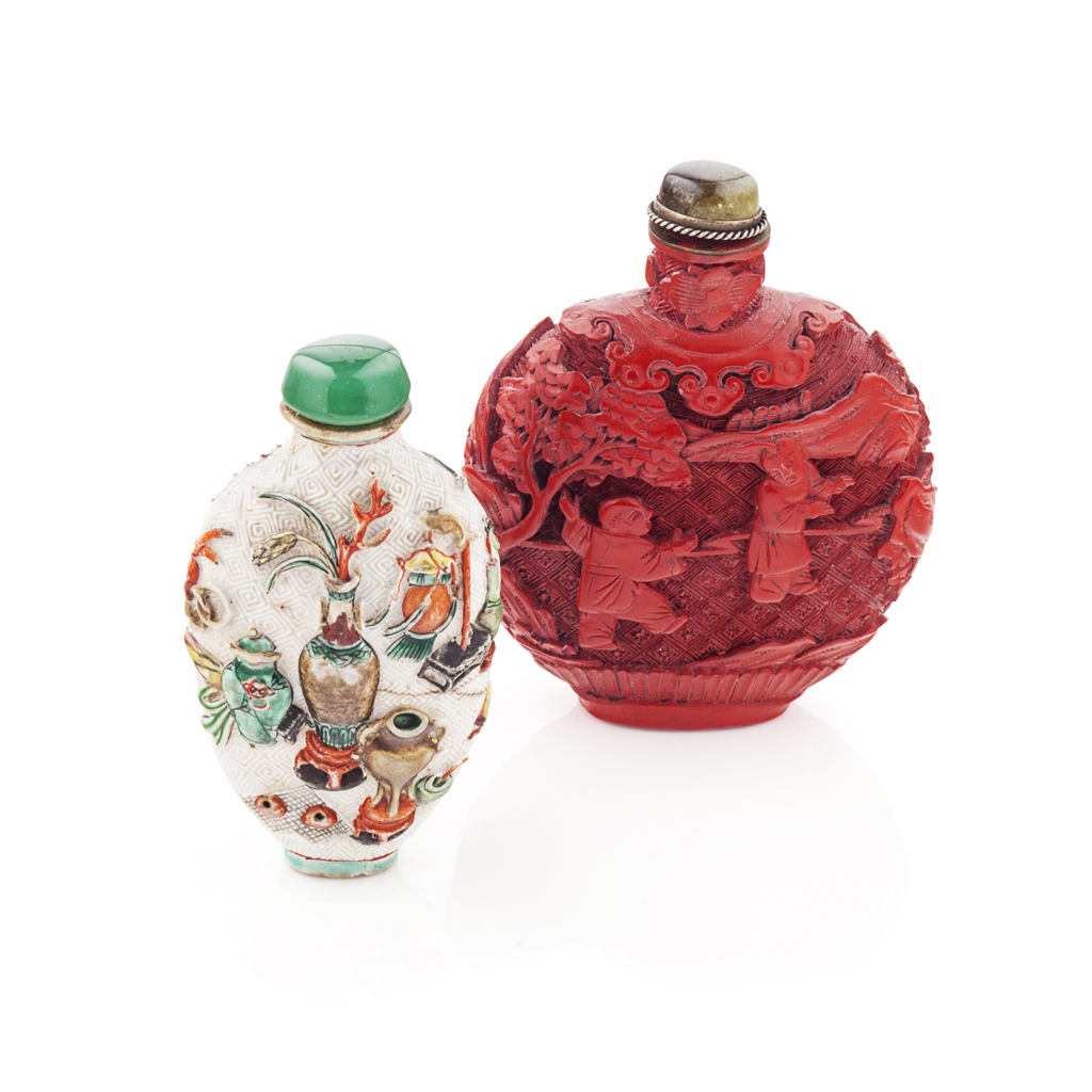 Appraisal: CINNABAR LACQUER SNUFF BOTTLE AND STOPPER QING DYNASTY TH CENTURY