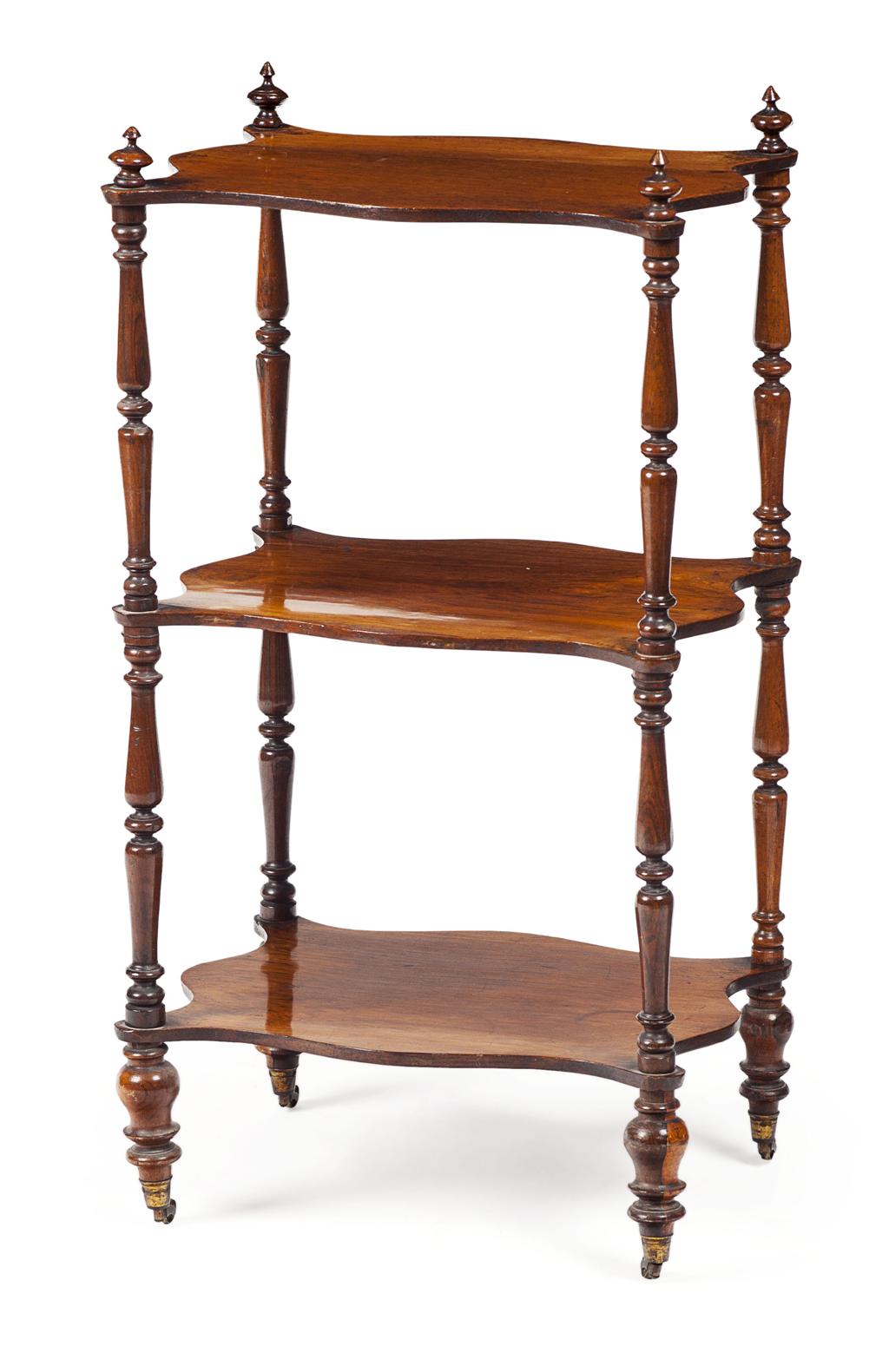 Appraisal: VICTORIAN ROSEWOOD WHATNOT MID TH CENTURY with three serpentine tiers