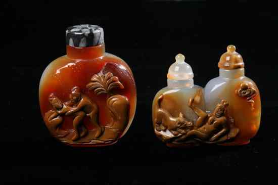 Appraisal: TWO CHINESE CAMEO AGATE EROTIC SNUFF BOTTLES Flattened ovoid-form one