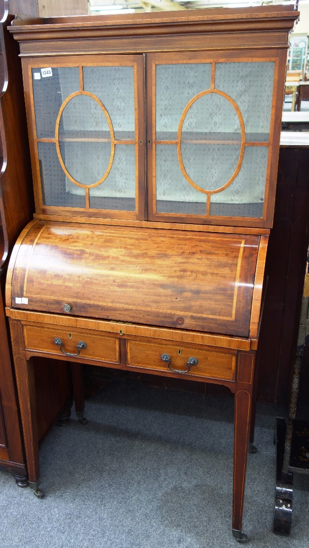 Appraisal: A George III design rosewood banded mahogany cylinder bureau cabinet