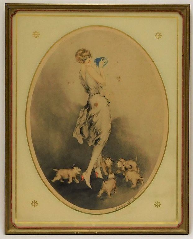 Appraisal: Louis Icart Art Deco Aquatint of Woman Dogs Louis Icart