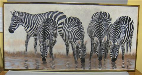 Appraisal: DAVID H ZEBRAS AT A WATERING HOLE Acrylic on canvas