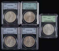 Appraisal: FIVE GRADED CASED MORGAN SILVER DOLLARS Graded by PCGS MS