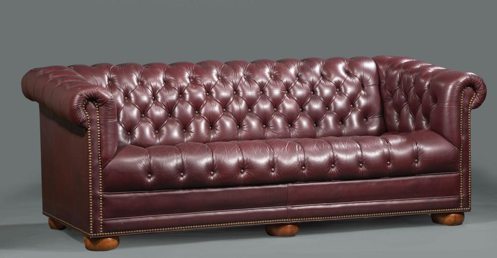 Appraisal: Chesterfield Leather Sofa button tufted back seat and arms nailhead