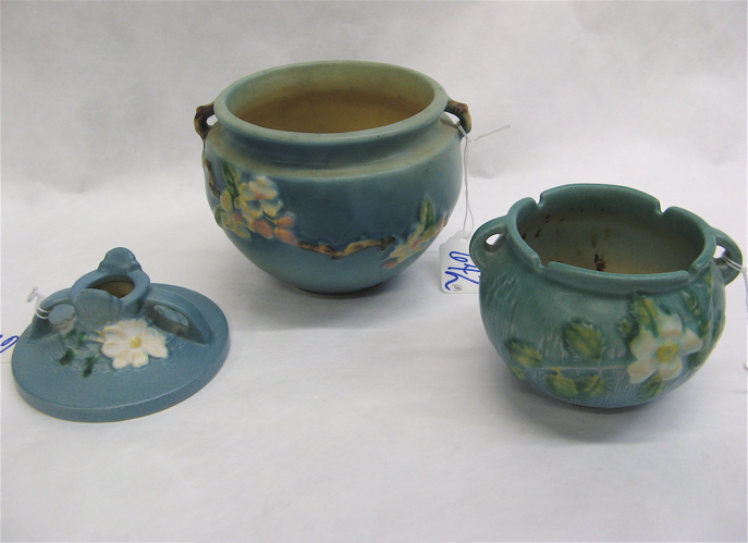 Appraisal: THREE AMERICAN ROSEVILLE ART POTTERY PIECES including the rose bowl