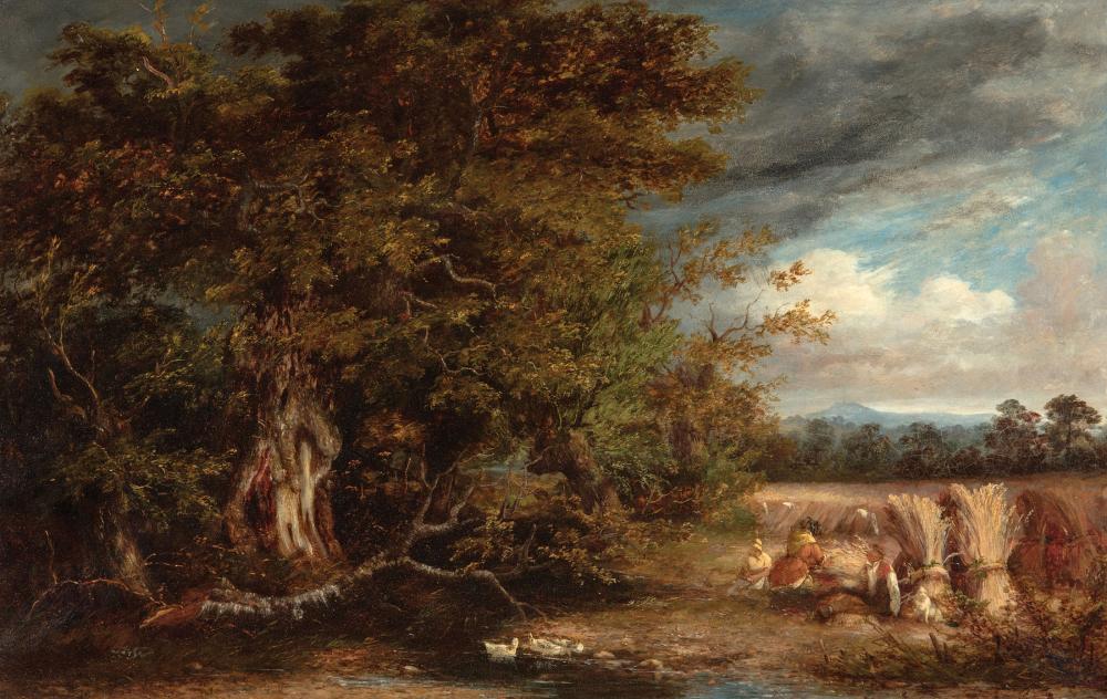 Appraisal: American School th c Autumnal Landscape with Wheat Harvest oil