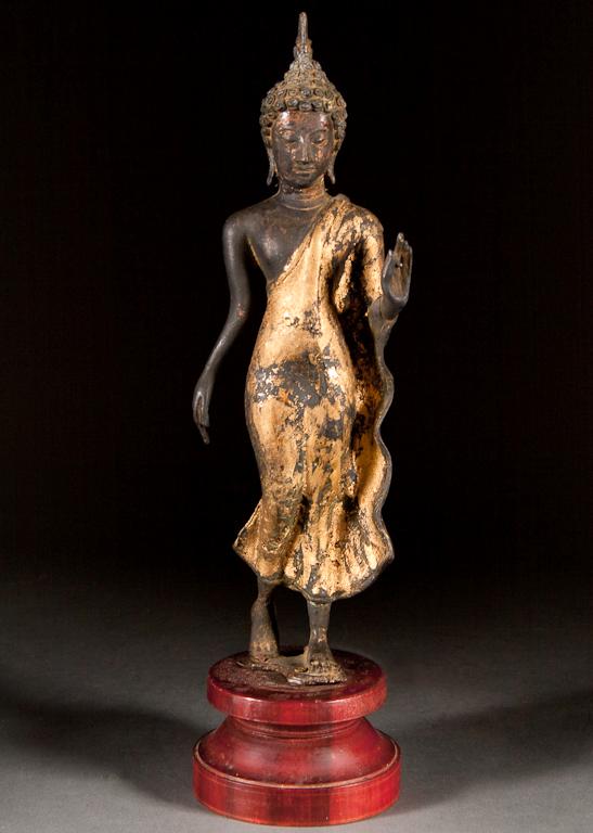 Appraisal: Thai bronze Bodhitsattva figure attached to turned wood base in