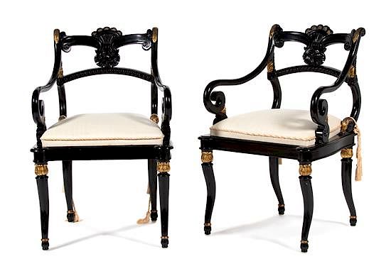 Appraisal: A Set of Twelve Regency Style Black Lacquer and Gilt