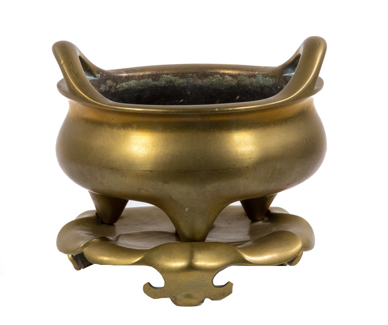 Appraisal: MING DYNASTY BRONZE CENSER WITH STAND Bronze Tripod Censer with