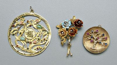 Appraisal: Three pieces gold gemstone jewelry Italian enameled floral pin six