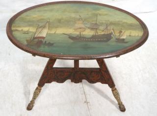 Appraisal: Continental Oval Sailing Ship Painted Leg Table Continental Oval Sailing