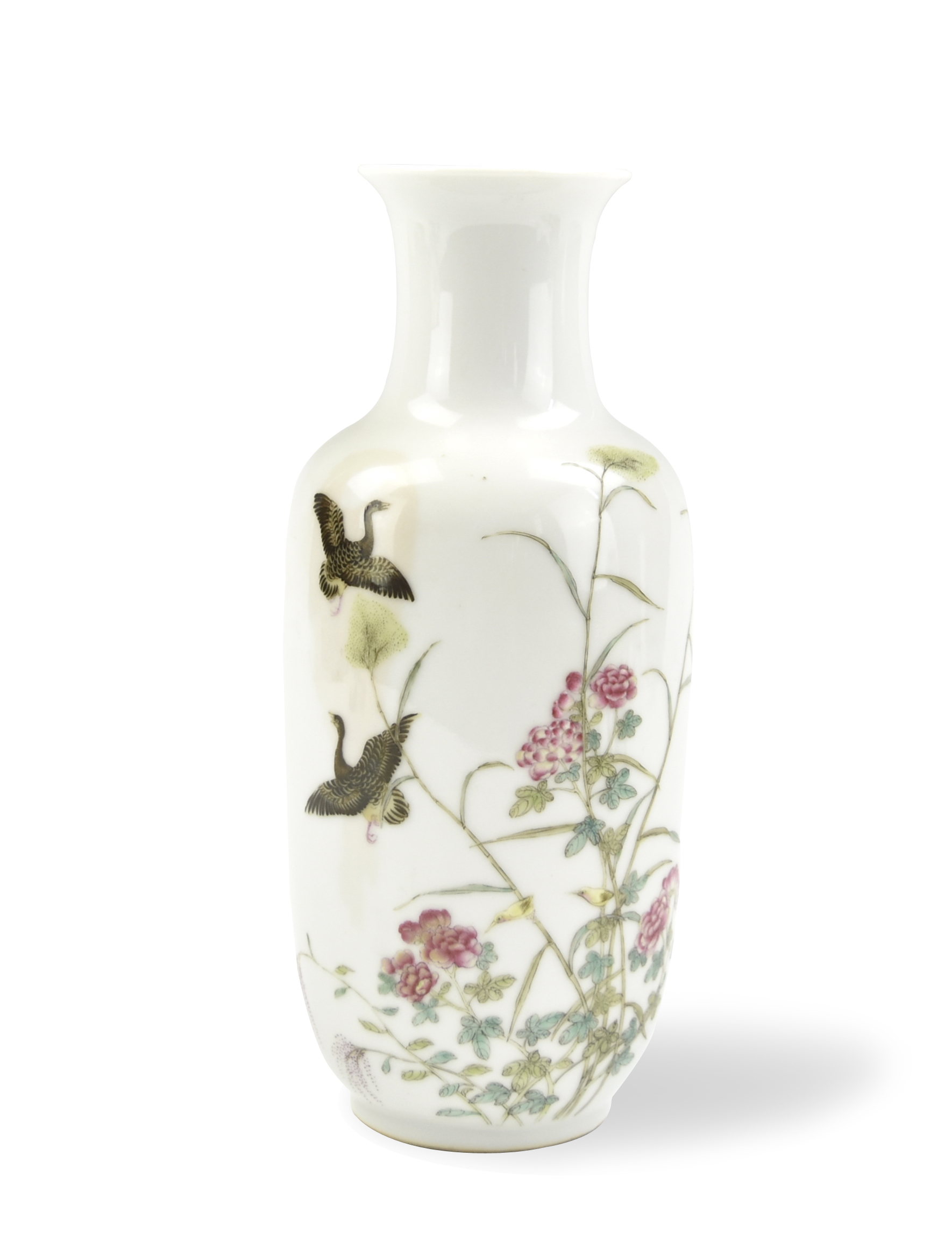 Appraisal: famille rose vase painted with flying cranes and pink blossom