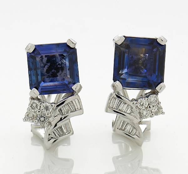 Appraisal: A pair of sapphire and diamond earrings estimated total sapphire