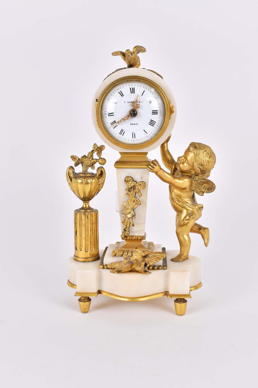 Appraisal: LOUIS XVI STYLE GILT BRONZE MARBLE SHELF CLOCKLate th Century