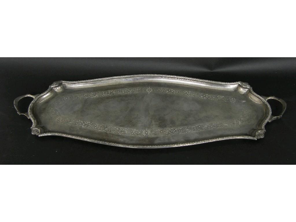 Appraisal: Mappin Webb silver long twin handled serpentine tray with engraved