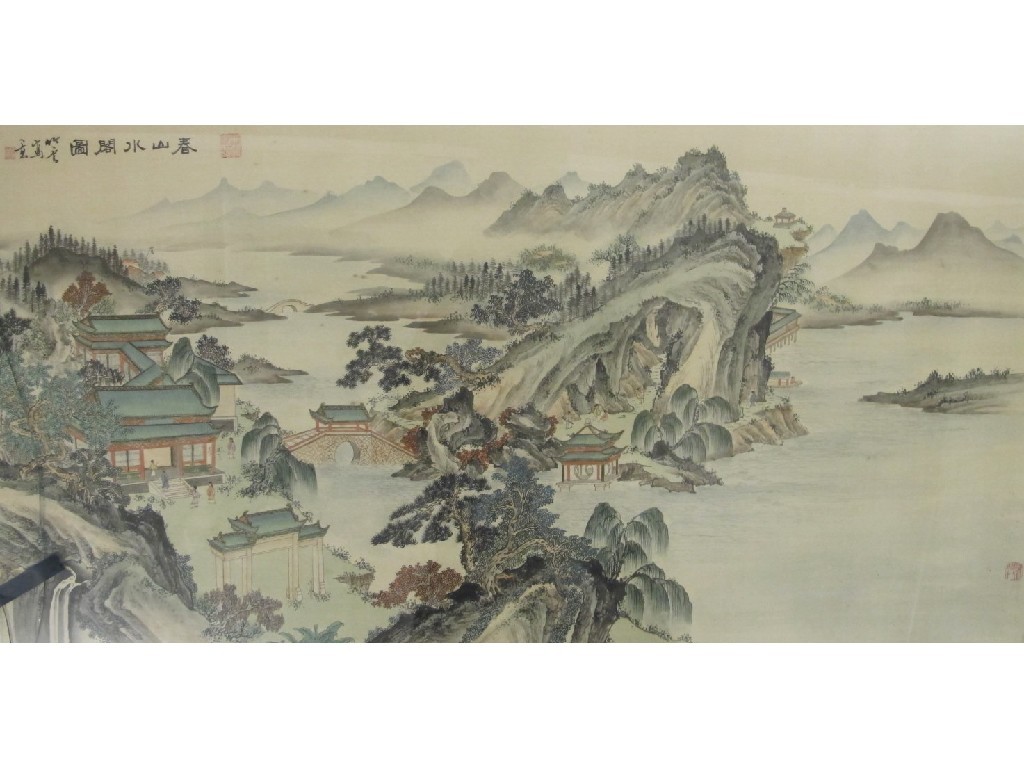 Appraisal: A Chinese painting on silk depicting a mountainous river landscape