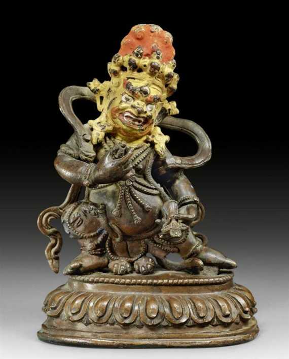 Appraisal: A COPPER FIGURE OF VAJRAPANI WITH ORANGE HAIR AND GOLD