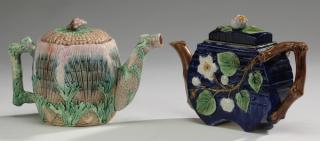 Appraisal: Majolica teapots incl Wedgwood h Group of two majolica teapots