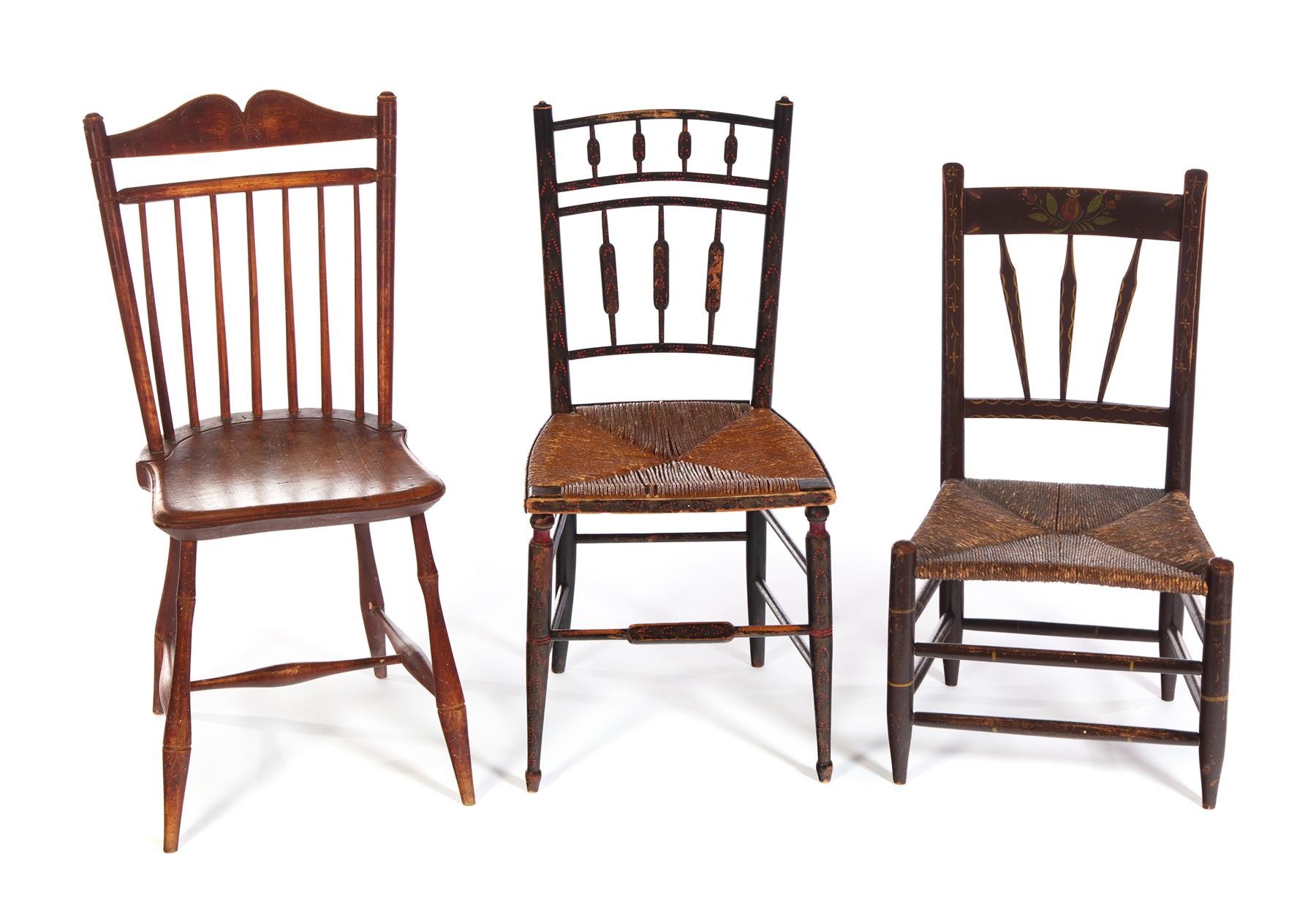 Appraisal: THREE AMERICAN SIDE CHAIRS Mid th century Two with rush