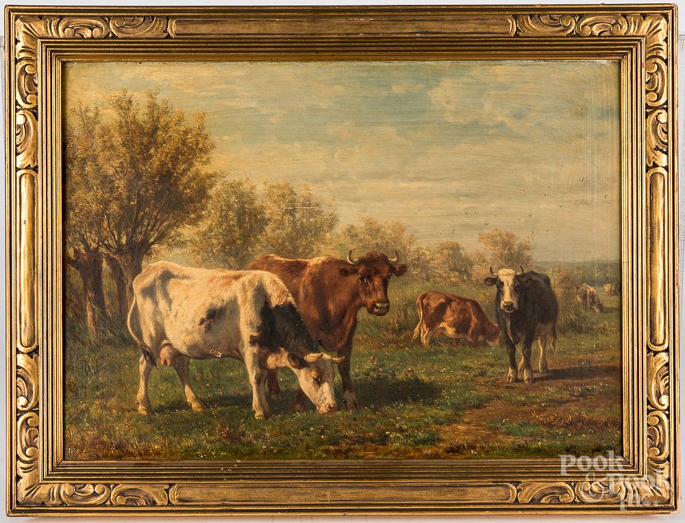 Appraisal: Johannes de Hass oil on canvas landscape with cows Johannes