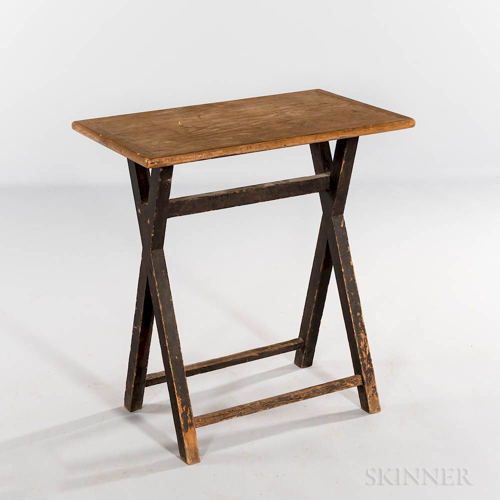 Appraisal: Small Black-painted Pine Sawbuck Table Small Black-painted Pine Sawbuck Table