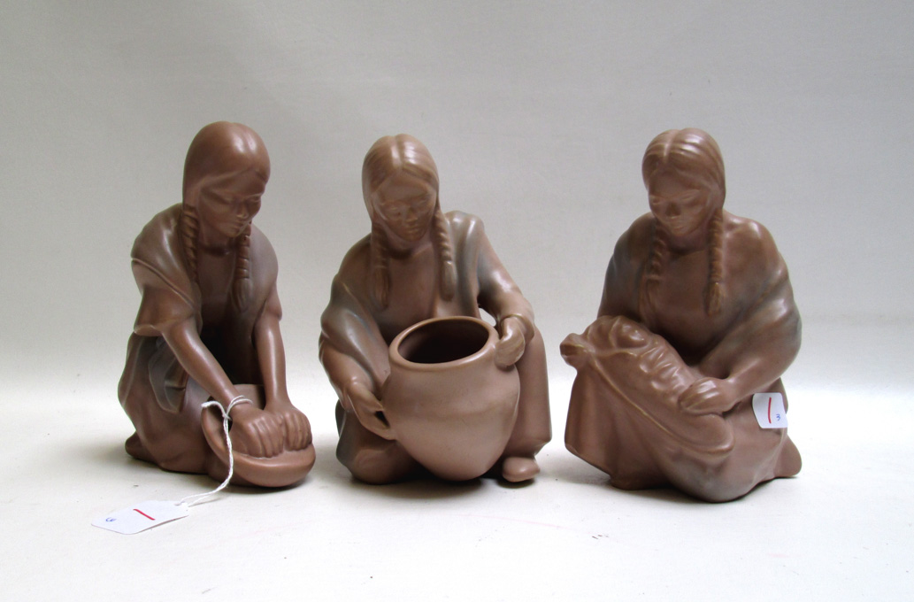 Appraisal: THREE VAN BRIGGLE INDIAN MAIDEN SCULPTURES with Dusty Rose glaze