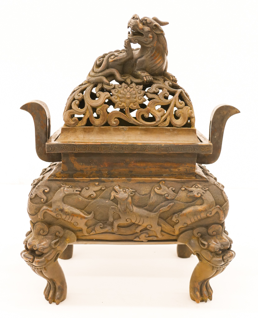 Appraisal: Chinese Bronze Fang Ding Censer x A pierced lid foo