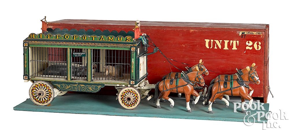 Appraisal: Folk art horse drawn circus cage wagon Handmade folk art