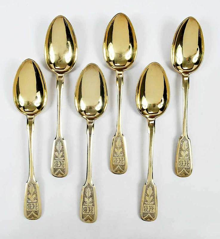 Appraisal: Six Russian Gilt Silver Spoons Moscow fiddle handle with engraved