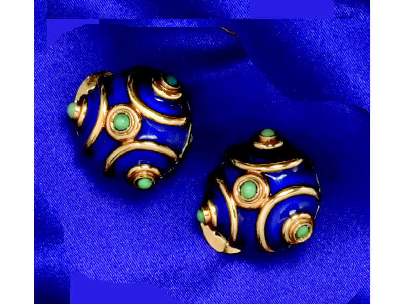 Appraisal: ENAMEL EARRINGS K yellow gold clip earrings with gold circular