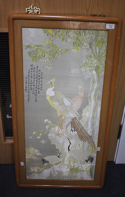 Appraisal: A TH CENTURY CHINESE SILK PANEL depicting peacocks and cranes