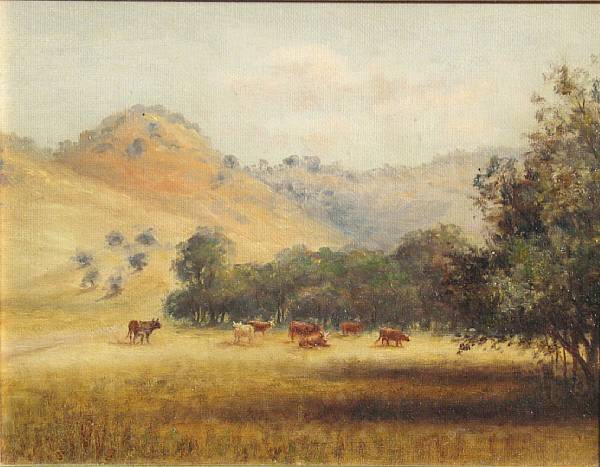 Appraisal: American School Cattle in the hills Oakland ca unsigned oil