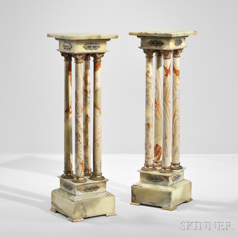 Appraisal: Pair of Green Onyx and Gilt-bronze Pedestals Continental late th