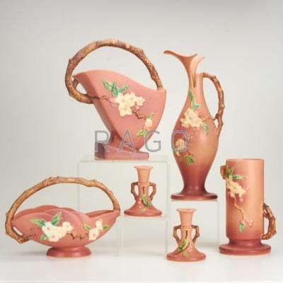 Appraisal: ROSEVILLE Pink Apple Blossom six pieces ewer two baskets vase