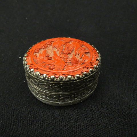 Appraisal: Chinese Silver Cinnabar Box landscape with paguda diameter excellent