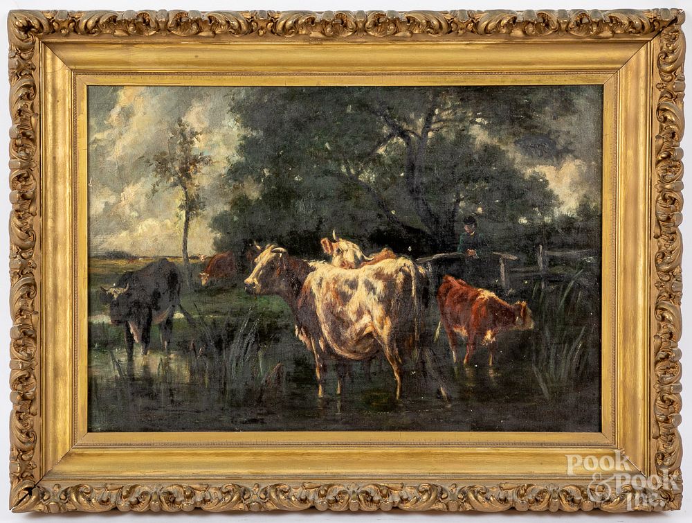 Appraisal: Oil on canvas landscape with cows Oil on canvas landscape