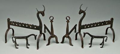 Appraisal: Three pairs hand forged iron andirons one pair with tops