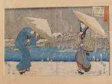 Appraisal: A Japanese woodcut of ladies caught in a snowstorm the